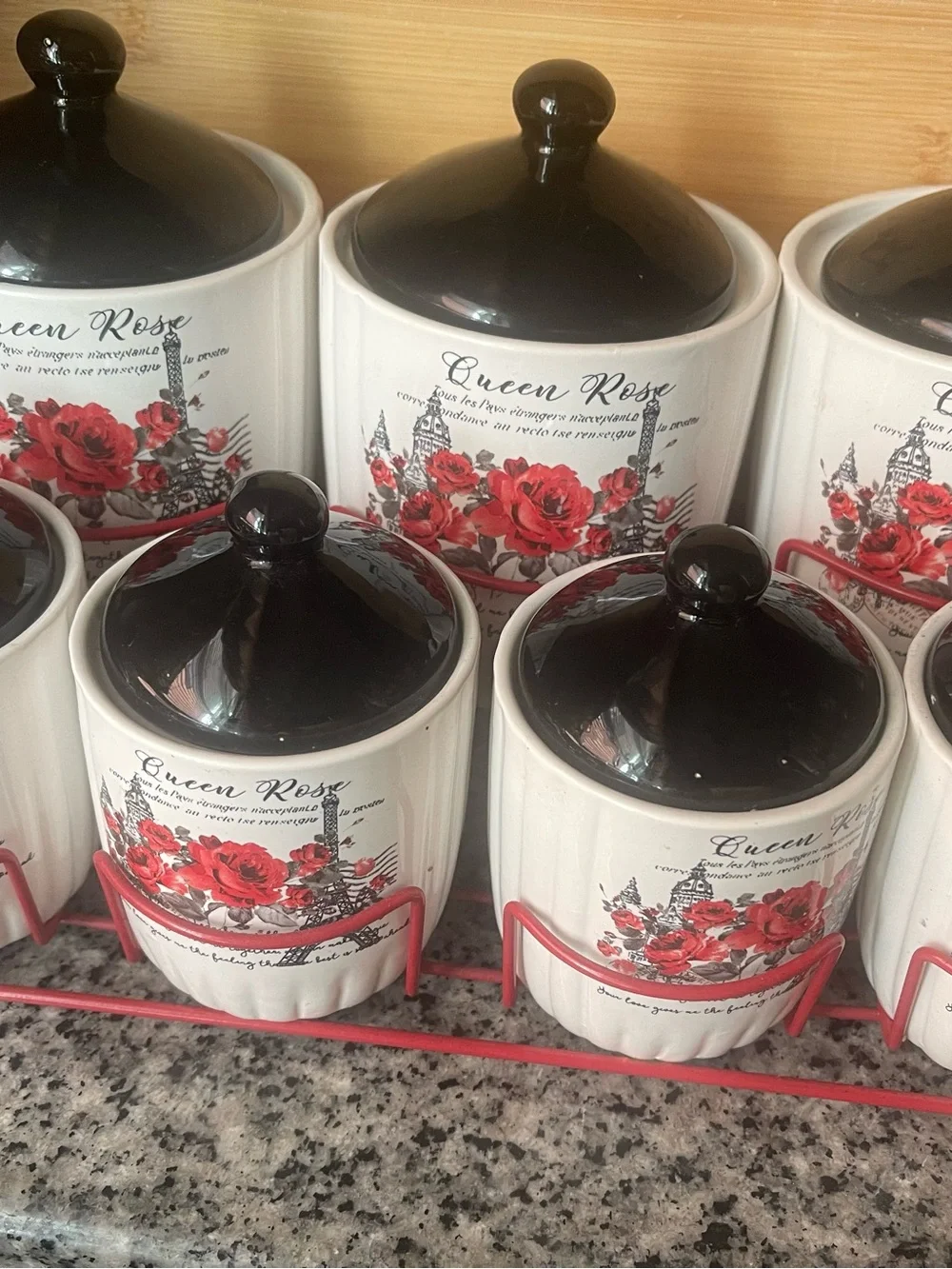 Ceramic  Canister Set with Red Rose Design 7-Piece